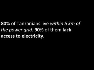 80%	
  of	
  Tanzanians	
  live	
  within	
  5	
  km	
  of	
  
the	
  power	
  grid.	
  90%	
  of	
  them	
  lack	
  
access	
  to	
  electricity.	
  
 