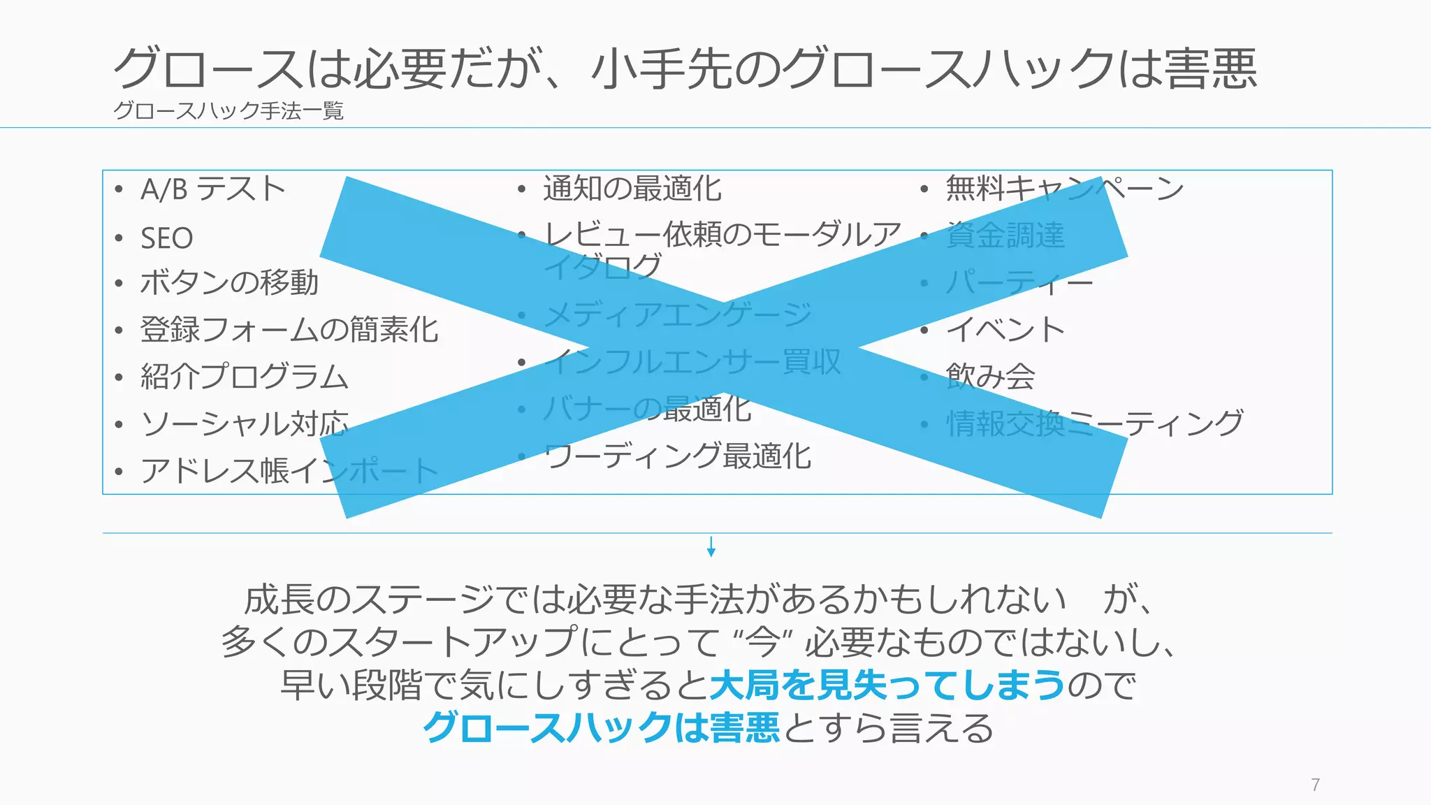グロースハック手法一覧
• A/B テスト
• SEO
• ボタンの移動
• 登録フォームの簡素化
• 紹介プログラム
• ソーシャル対応
• アドレス帳インポート
• 通知の最適化
• レビュー依頼のモーダルア
イダログ
• メディアエンゲージ
• インフルエンサー買収
• バナーの最適化
• ワーディング最適化
• 無料キャンペーン
• 資金調達
• パーティー
• イベント
• 飲み会
• 情報交換ミーティング
7
グロースは必要だが、小手先のグロースハックは害悪
成長のステージでは必要な手法があるかもしれない が、
多くのスタートアップにとって “今” 必要なものではないし、
早い段階で気にしすぎると大局を見失ってしまうので
グロースハックは害悪とすら言える
 