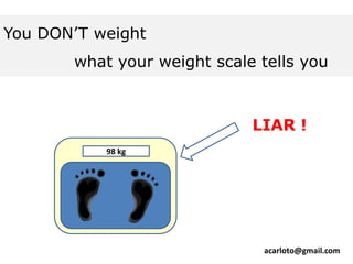 You DON’T weight
what your weight scale tells you
98 kg
LIAR !
acarloto@gmail.com
 