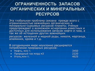 ОГРАНИЧЕННОСТЬ ЗАПАСОВОГРАНИЧЕННОСТЬ ЗАПАСОВ
ОРГАНИЧЕСКИХ И МИНЕРАЛЬНЫХОРГАНИЧЕСКИХ И МИНЕРАЛЬНЫХ
РЕСУРСОВРЕСУРСОВ
Эта глобальная проблема связана прежде всего сЭта глобальная проблема связана прежде всего с
ограниченностью важнейших органических иограниченностью важнейших органических и
минерально-сырьевых ресурсов планеты. Учёныеминерально-сырьевых ресурсов планеты. Учёные
предупреждают о возможном исчерпании известных ипредупреждают о возможном исчерпании известных и
доступных для использования запасов нефти и газа, адоступных для использования запасов нефти и газа, а
так же об истощении других важнейшихтак же об истощении других важнейших
ресурсов: железной и медной руды, никеля, марганца,ресурсов: железной и медной руды, никеля, марганца,
алюминия, хрома и т.д.алюминия, хрома и т.д.
В сегодняшнем мире неуклонно расширяетсяВ сегодняшнем мире неуклонно расширяется
потребление природных ресурсов:потребление природных ресурсов:
• Нефть, млн т.Нефть, млн т. 34503450
• Природный газ млрд м3Природный газ млрд м3 22202220
• Уголь,млн т.Уголь,млн т. 46254625
 