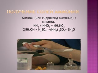 Аммиак (или гидроксид аммония) +
кислота.
NH3 + HNO3 = NH4NO3
2NH4OH + H2SO4 =(NH4) 2SO4+ 2Н2O
 