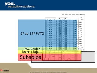 MATERIAL PRELIMINAR DE USO INTERNO, SUJEITO A ALTERAÇÃO. PROIBIDA A DIVULGAÇÃO.
Subsolos
lazer + loja
PAV. Garden
2º ao 14º PVTO
 
