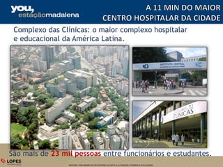 MATERIAL PRELIMINAR DE USO INTERNO, SUJEITO A ALTERAÇÃO. PROIBIDA A DIVULGAÇÃO.
Complexo das Clínicas: o maior complexo hospitalar
e educacional da América Latina.
São mais de 23 mil pessoas entre funcionários e estudantes.
 