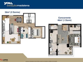 MATERIAL PRELIMINAR DE USO INTERNO, SUJEITO A ALTERAÇÃO. PROIBIDA A DIVULGAÇÃO.
56m² (2 Dorms)
Concorrente
46m² (1 Dorm)
 