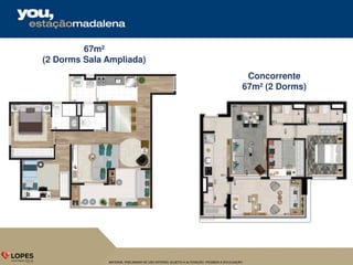 MATERIAL PRELIMINAR DE USO INTERNO, SUJEITO A ALTERAÇÃO. PROIBIDA A DIVULGAÇÃO.
67m²
(2 Dorms Sala Ampliada)
Concorrente
67m² (2 Dorms)
 
