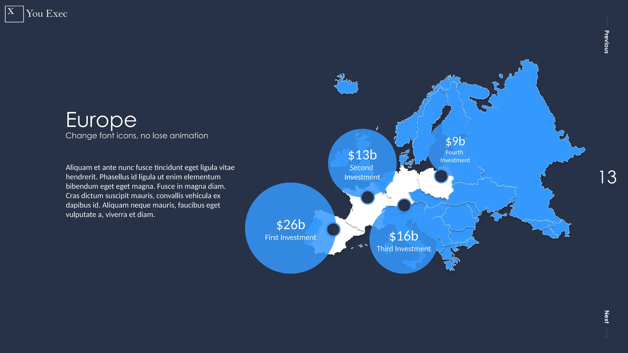 Previous
Next
13
Europe
Change font icons, no lose animation
$26b
First Investment
$13b
Second
Investment
$16b
Third Investment
$9b
Fourth
Investment
Aliquam et ante nunc fusce tincidunt eget ligula vitae
hendrerit. Phasellus id ligula ut enim elementum
bibendum eget eget magna. Fusce in magna diam.
Cras dictum suscipit mauris, convallis vehicula ex
dapibus id. Aliquam neque mauris, faucibus eget
vulputate a, viverra et diam.
 