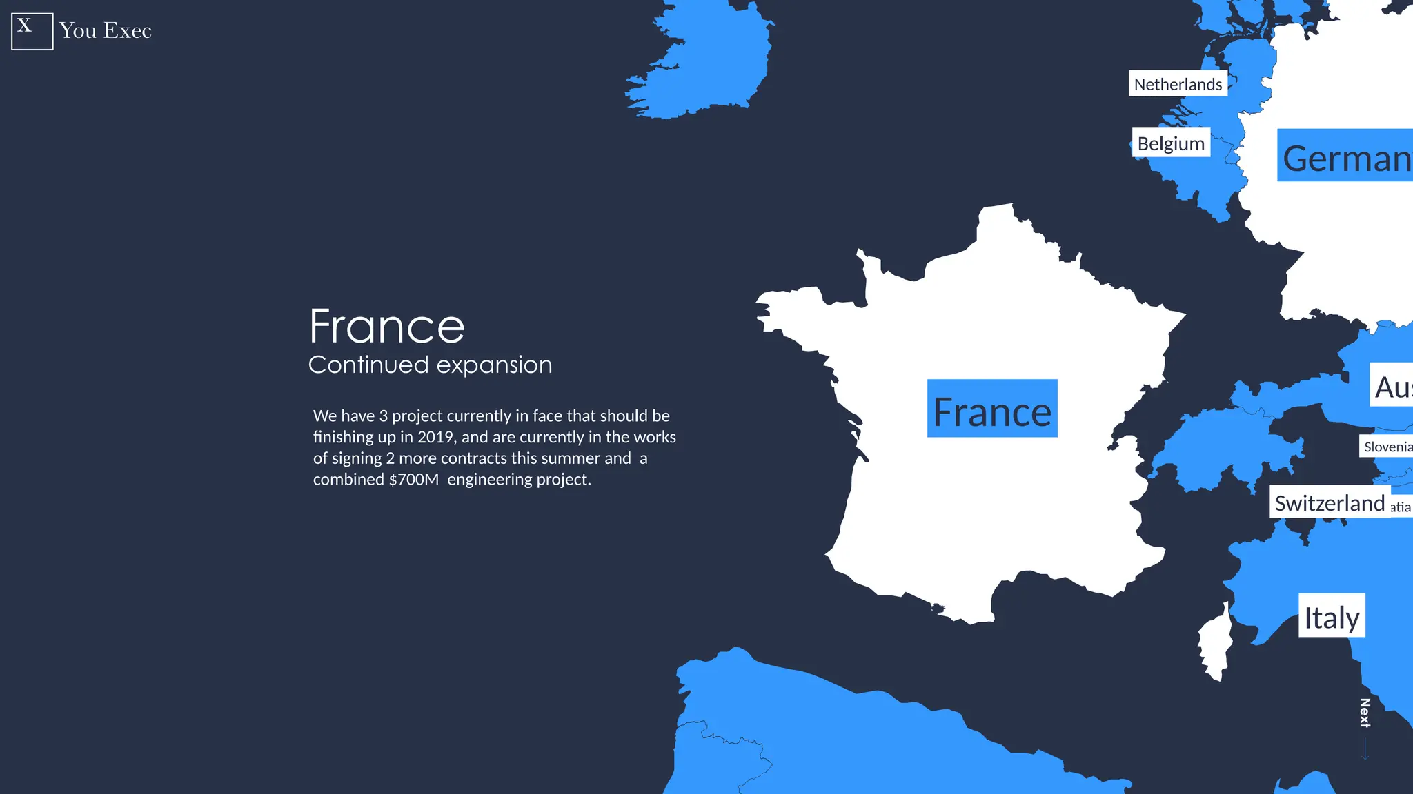 Previous
Next
16
Croatia
Italy
Cze
Aus
Switzerland
Belgium
Netherlands
Slovenia
France
Germany
France
Continued expansion
We have 3 project currently in face that should be
finishing up in 2019, and are currently in the works
of signing 2 more contracts this summer and a
combined $700M engineering project.
 
