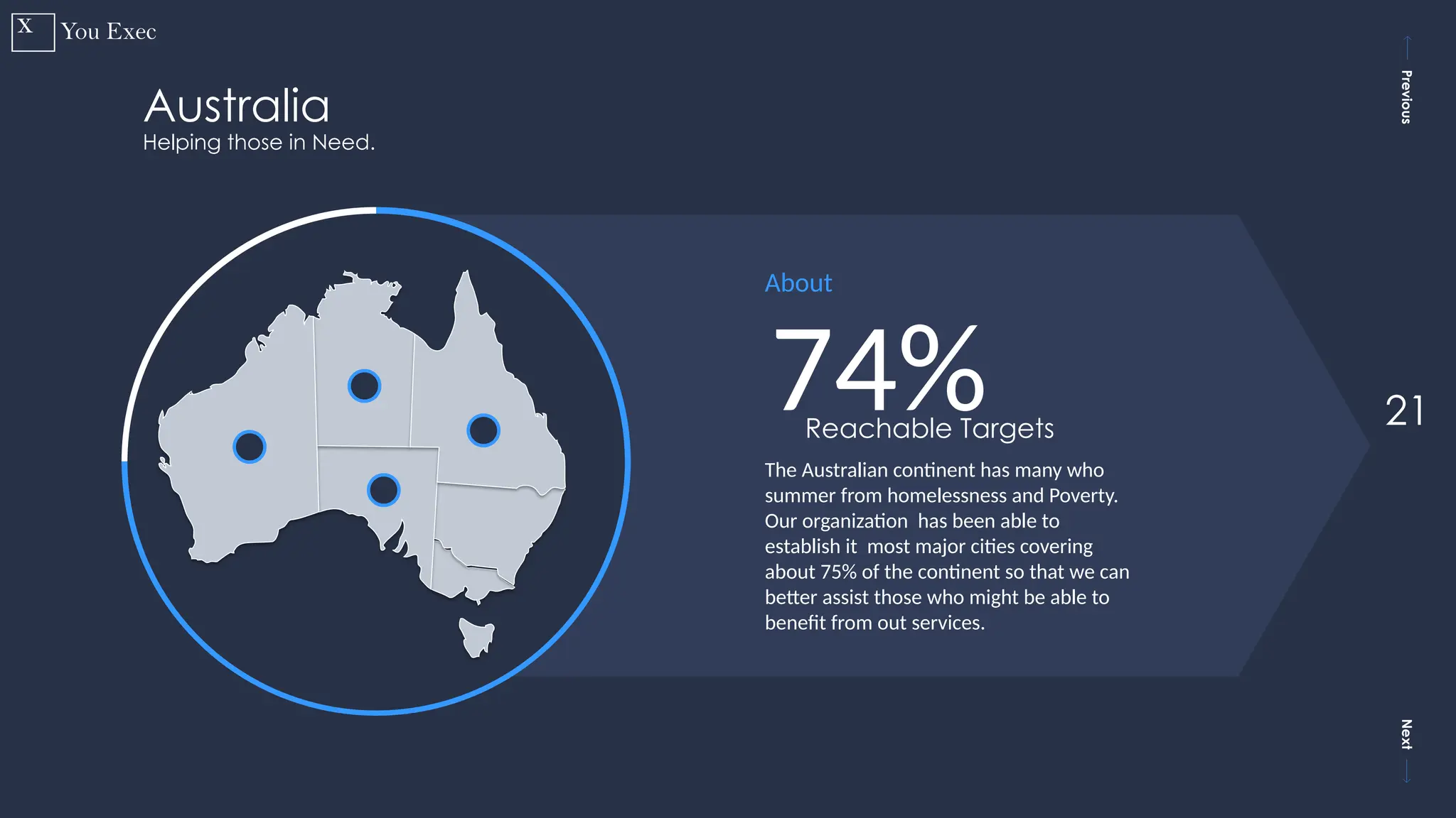 Previous
Next
21
The Australian continent has many who
summer from homelessness and Poverty.
Our organization has been able to
establish it most major cities covering
about 75% of the continent so that we can
better assist those who might be able to
benefit from out services.
74%
About
Reachable Targets
Australia
Helping those in Need.
 