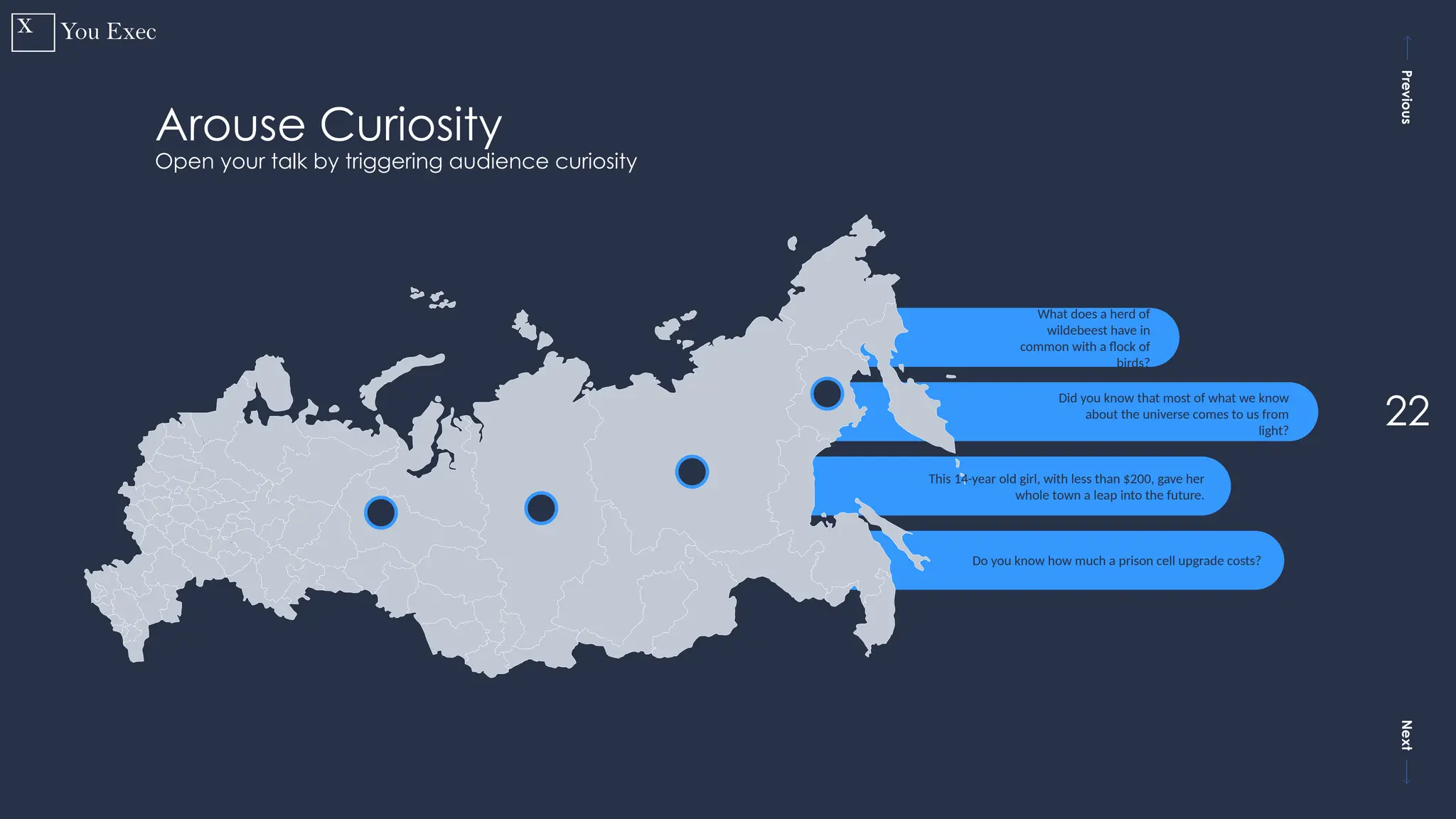 Previous
Next
22
Arouse Curiosity
Open your talk by triggering audience curiosity
What does a herd of
wildebeest have in
common with a flock of
birds?
Did you know that most of what we know
about the universe comes to us from
light?
This 14-year old girl, with less than $200, gave her
whole town a leap into the future.
Do you know how much a prison cell upgrade costs?
 