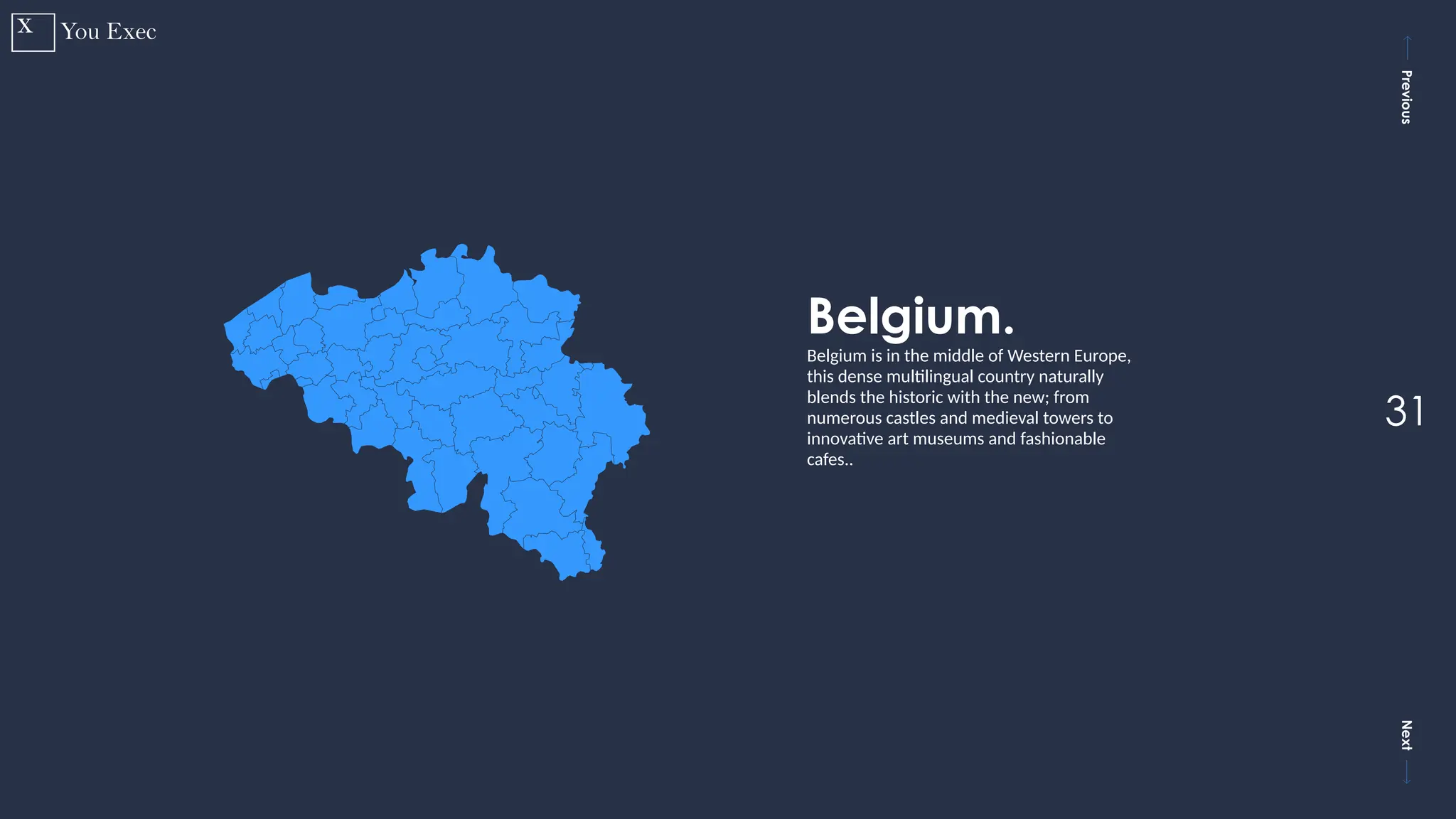 Previous
Next
31
Belgium.
Belgium is in the middle of Western Europe,
this dense multilingual country naturally
blends the historic with the new; from
numerous castles and medieval towers to
innovative art museums and fashionable
cafes..
 