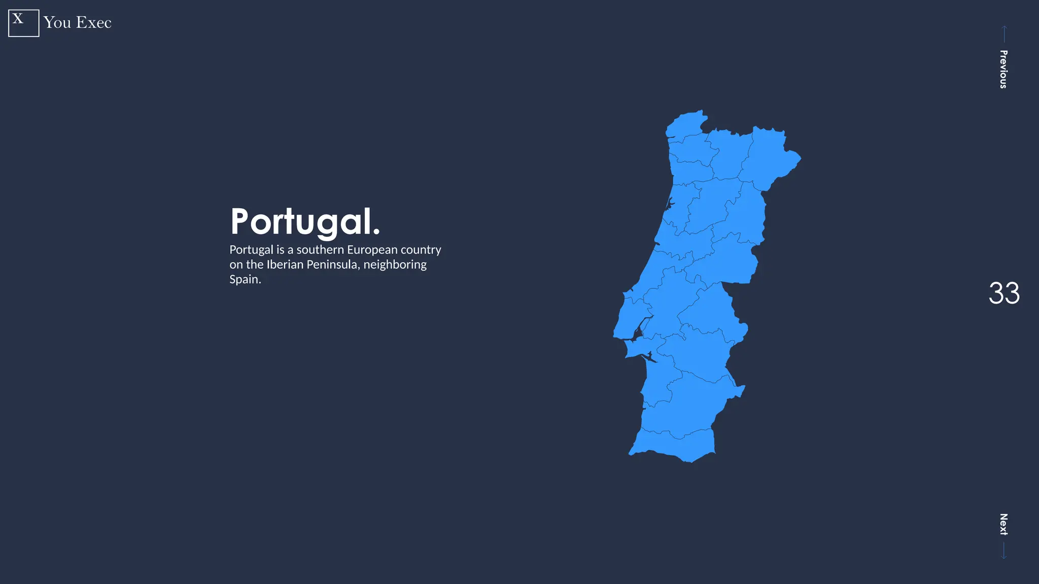 Previous
Next
33
Portugal.
Portugal is a southern European country
on the Iberian Peninsula, neighboring
Spain.
 