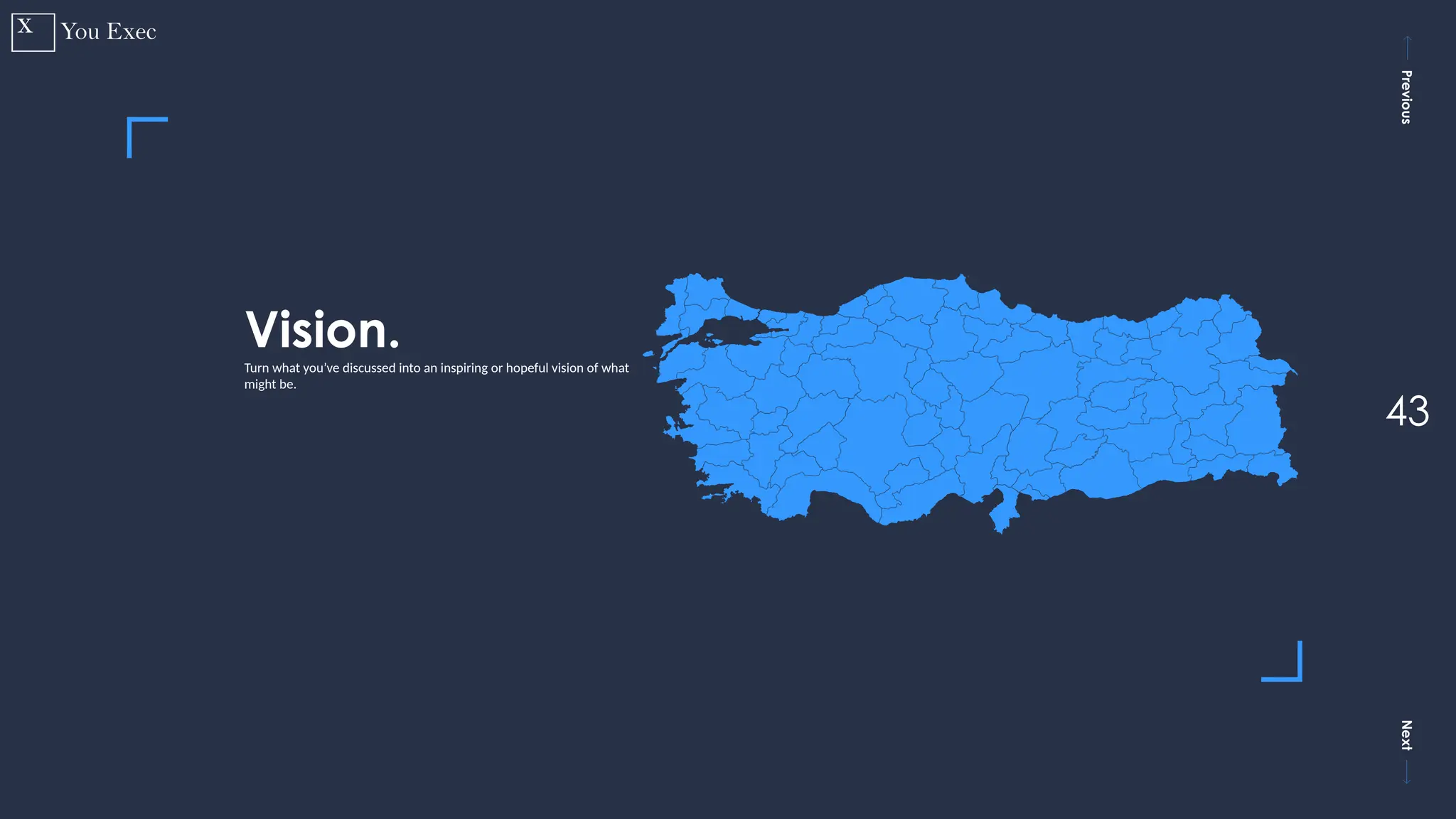 Previous
Next
43
Vision.
Turn what you’ve discussed into an inspiring or hopeful vision of what
might be.
 