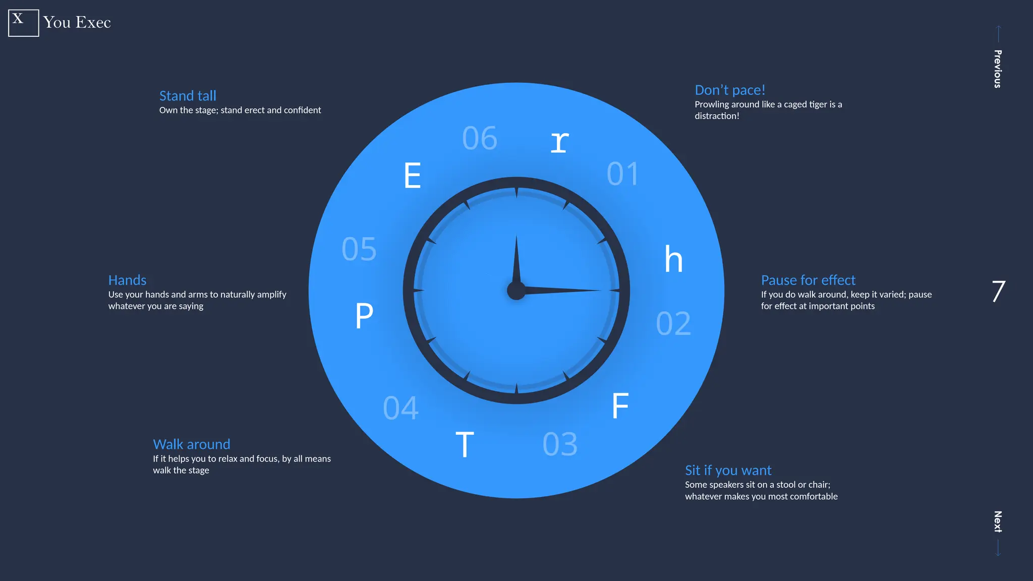 Previous
Next
7
F
03
h
02
04
T
05
P
06
E
r
01
Don’t pace!
Prowling around like a caged tiger is a
distraction!
Pause for effect
If you do walk around, keep it varied; pause
for effect at important points
Sit if you want
Some speakers sit on a stool or chair;
whatever makes you most comfortable
Walk around
If it helps you to relax and focus, by all means
walk the stage
Hands
Use your hands and arms to naturally amplify
whatever you are saying
Stand tall
Own the stage; stand erect and confident
 