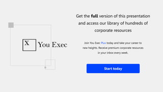 Get the full version of this presentation
and access our library of hundreds of
corporate resources
Join You Exec Plus today and take your career to
new heights. Receive premium corporate resources
in your inbox every week.
Start today
 