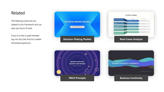 Related
Decision-Making Models Root Cause Analysis
MECE Principle Business Continuity
The following resources are
related to this framework and can
save you hours of work.
If you’re a free or paid member,
log into You Exec first for a better
download experience.
 