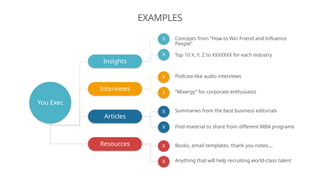 EXAMPLES
You Exec
Insights
Interviews
Articles
Resources
Concepts from “How to Win Friend and Influence
People”
Podcast-like audio interviews
“Mixergy” for corporate enthusiasts
Summaries from the best business editorials
Find material to share from different MBA programs
Books, email templates, thank you notes….
Anything that will help recruiting world-class talent
X
X
X
X
X
X
X
X
Top 10 X, Y, Z to XXXXXXX for each industry
 