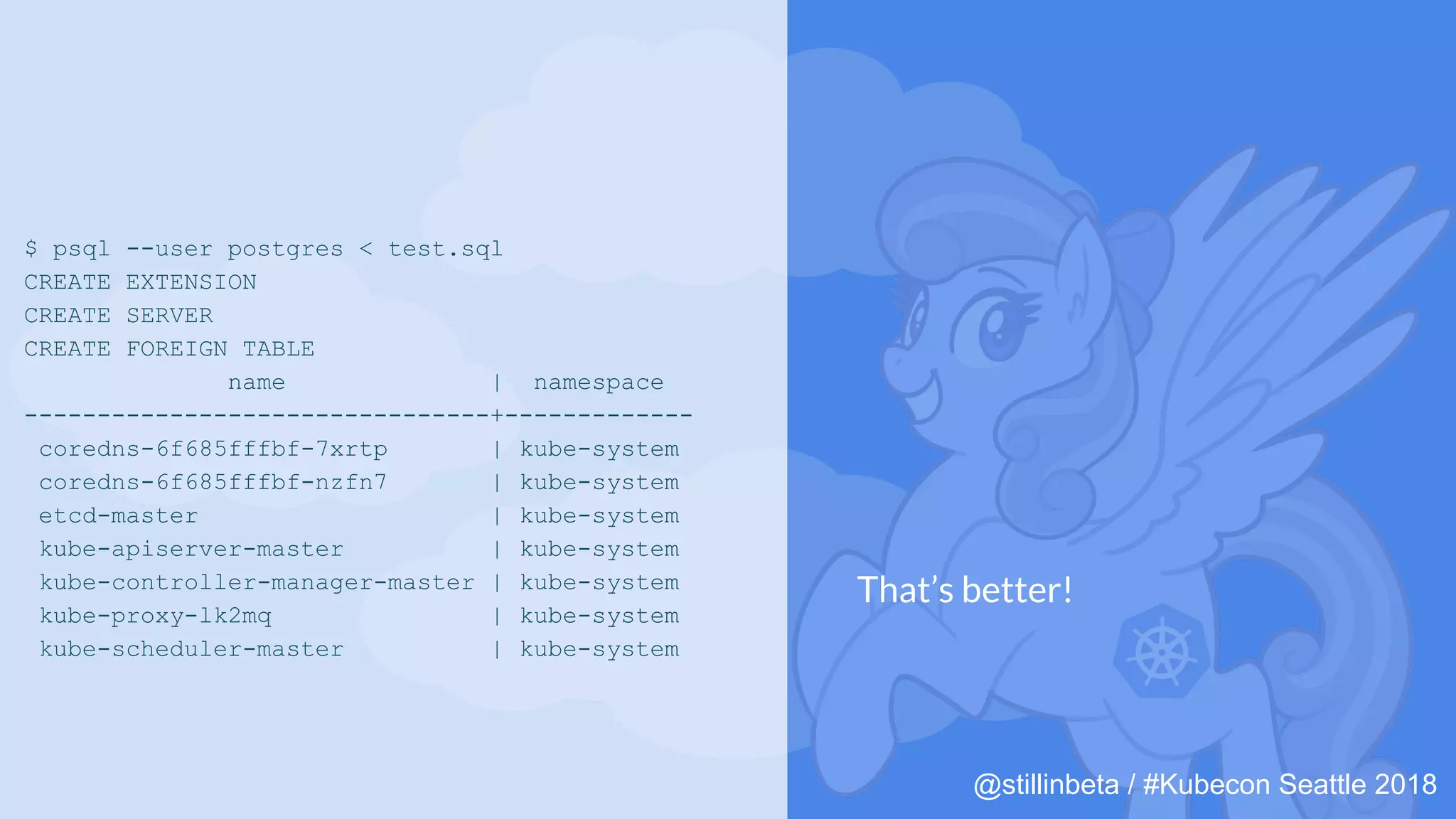 @stillinbeta / #Kubecon Seattle 2018
$ psql --user postgres < test.sql
CREATE EXTENSION
CREATE SERVER
CREATE FOREIGN TABLE
name | namespace
--------------------------------+-------------
coredns-6f685fffbf-7xrtp | kube-system
coredns-6f685fffbf-nzfn7 | kube-system
etcd-master | kube-system
kube-apiserver-master | kube-system
kube-controller-manager-master | kube-system
kube-proxy-lk2mq | kube-system
kube-scheduler-master | kube-system
That’s better!
 