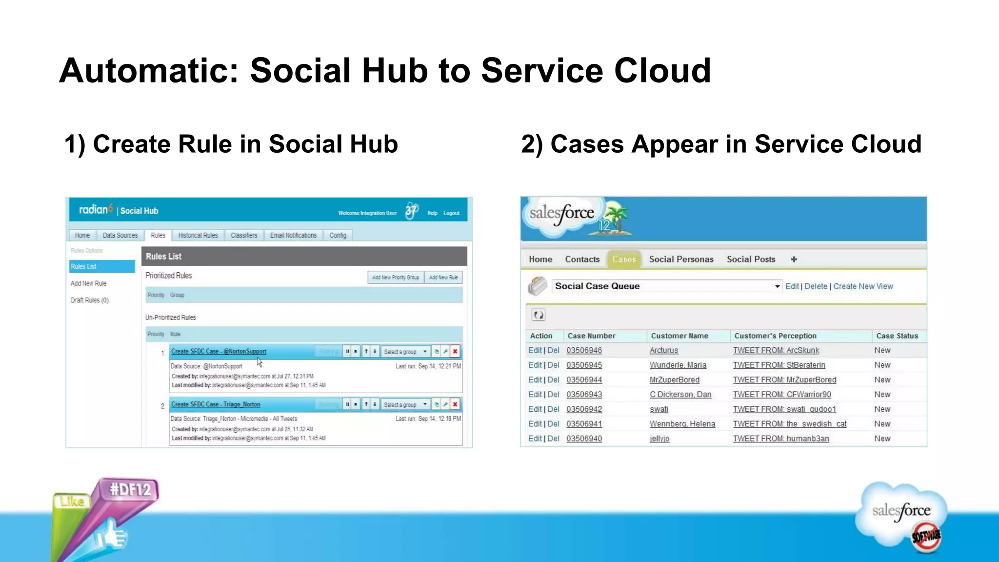 Automatic: Social Hub to Service Cloud

1) Create Rule in Social Hub   2) Cases Appear in Service Cloud
 