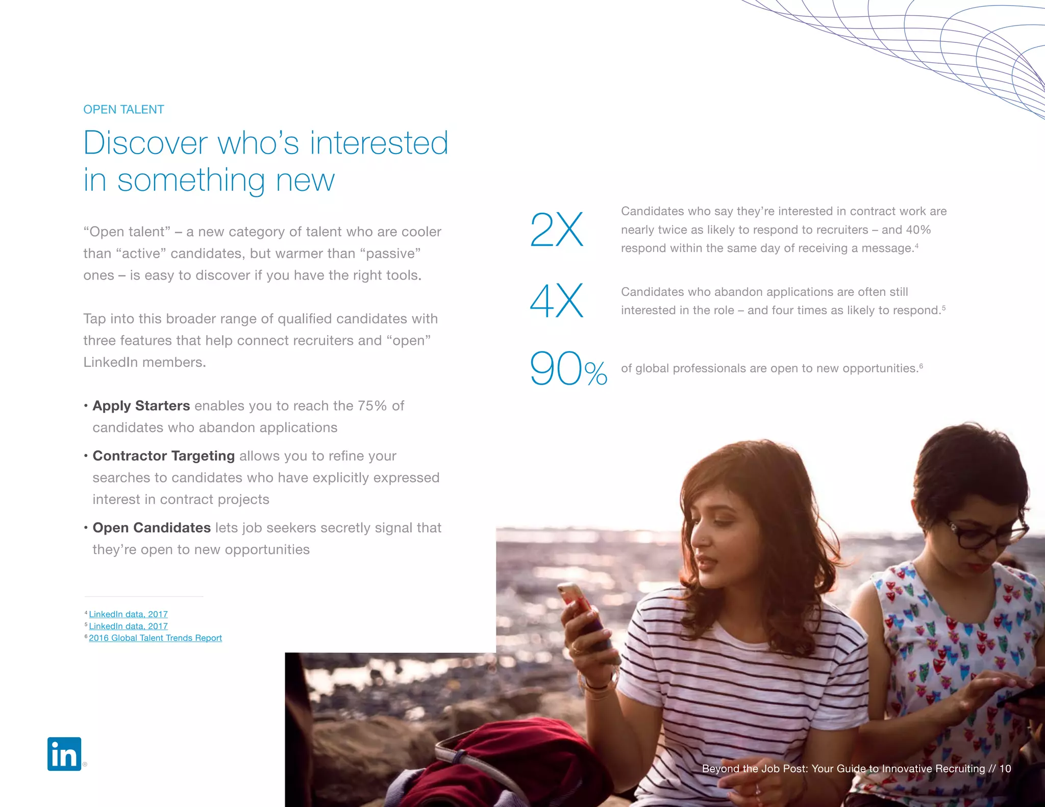 Beyond the Job Post: Your Guide to Innovative Recruiting // 10
Discover who’s interested
in something new
OPEN TALENT
“Open talent” – a new category of talent who are cooler
than “active” candidates, but warmer than “passive”
ones – is easy to discover if you have the right tools.
Tap into this broader range of qualified candidates with
three features that help connect recruiters and “open”
LinkedIn members.
• Apply Starters enables you to reach the 75% of
candidates who abandon applications
• Contractor Targeting allows you to refine your
searches to candidates who have explicitly expressed
interest in contract projects
• Open Candidates lets job seekers secretly signal that
they’re open to new opportunities
4
LinkedIn data, 2017
5
LinkedIn data, 2017
6
2016 Global Talent Trends Report
Beyond the Job Post: Your Guide to Innovative Recruiting // 10
Candidates who abandon applications are often still
interested in the role – and four times as likely to respond.5
2X
90%
Candidates who say they’re interested in contract work are
nearly twice as likely to respond to recruiters – and 40%
respond within the same day of receiving a message.4
4X
of global professionals are open to new opportunities.6
 