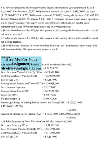You have developed the following pro forma income statement for your corporation. Sales $
45,689,000 Variable costs (22,777,000) Revenue before fixed costs $ 22,912,000 Fixed costs
(9,157,000) EBIT $ 13,755,000 Interest expense (1,273,000) Earnings before taxes $ 12,482,000
Taxes (50%) (6,241,000) Net income $ 6,241,000 It represents the most recent year's operations,
which ended yesterday. Your supervisor in the controller's office has just handed you a
memorandum asking for written responses to the following questions:
a. If sales should increase by 30%, by what percent would earnings before interest and taxes and
net income increase?
b.If sales should decrease by 30%, by what percent would earnings before interest and taxes and
net income decrease?
c. If the firm were to reduce its reliance on debt financing such that interest expense were cut in
half, howwould this affect your answers to parts a and b?
Solution
a. If Sales Increases by 30%, Variable Cost will also increase by 30%.
Increased Sales (by 30%) = $ 59,395,700
Less: Increased Variable Cost (By 30%) = $ 29,610,100
Contribution (Sales- Variable Cost) = $ 29,875,600
Less : Fixed Cost = $ 9,157,000
Earning Before Interest and Taxes(EBIT) = $ 20,628,600
Less : Interest Expenses = $ 12,73,000
Earning Before Taxes(EBT) = $ 19,355,600
Less : Tax (50%) = $ 9,677,800
Net Income (PAT) = $ 9,677,800
Percentage Change in Earning Before Interest and Taxes(EBIT) = $ (20,628,600-
1,375,000)/1,375,000
= 49.97%
Percentage Change in Net Income (PAT) = $ (9,677,800-6,241,000)/6,241,000
= 55.07%
b. If Sales decreases by 30%, Variable Cost will also decrease by 30%.
Decreased Sales (by 30%) = $ 31,982,300
Less: Decreased Variable Cost (By 30%) = $ 15,943,900
Contribution (Sales- Variable Cost) = $ 16,038,400
Less : Fixed Cost = $ 9,157,000
 