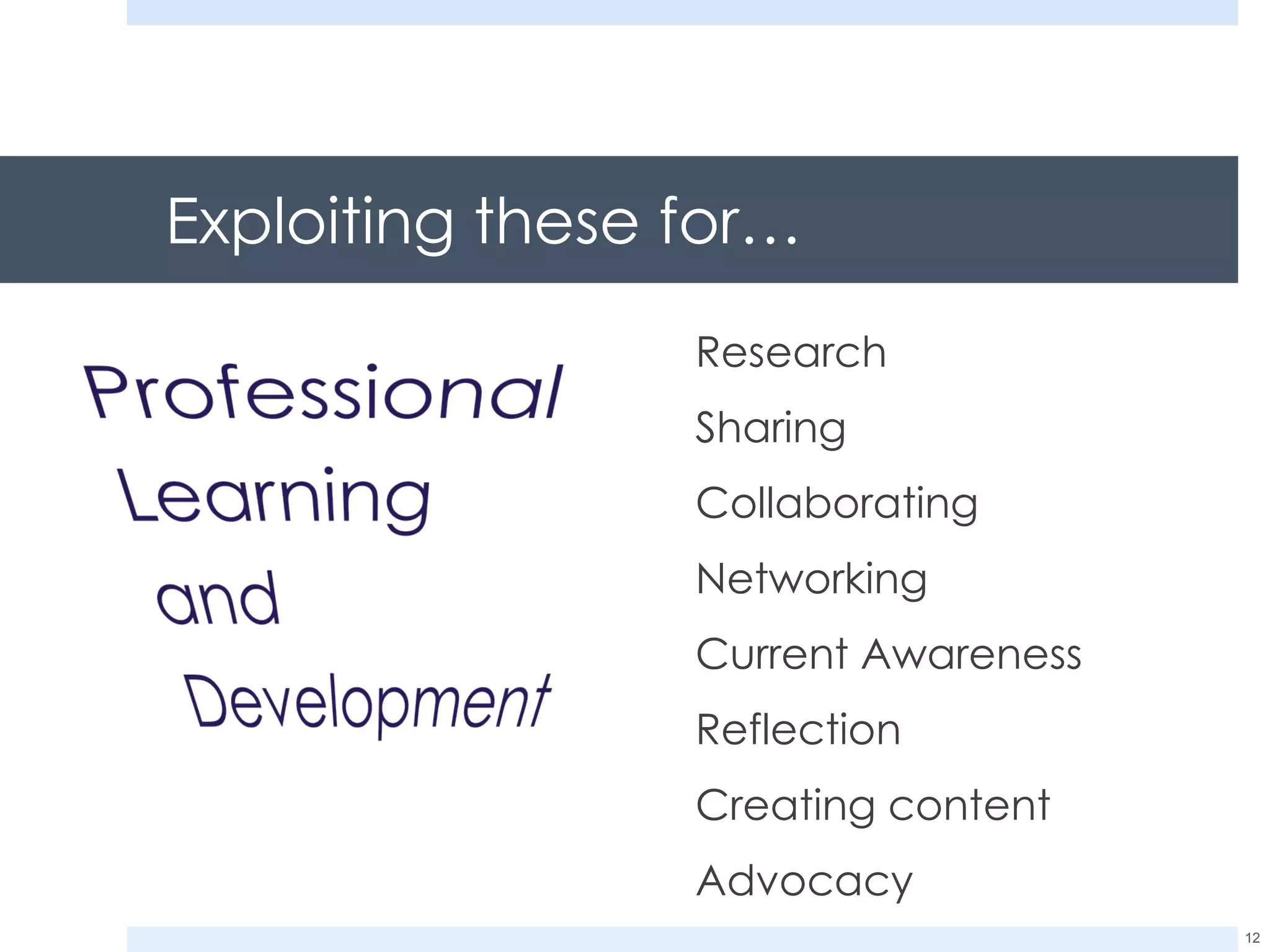 Exploiting these for… Research Sharing Collaborating Networking Current Awareness Reflection Creating content Advocacy 