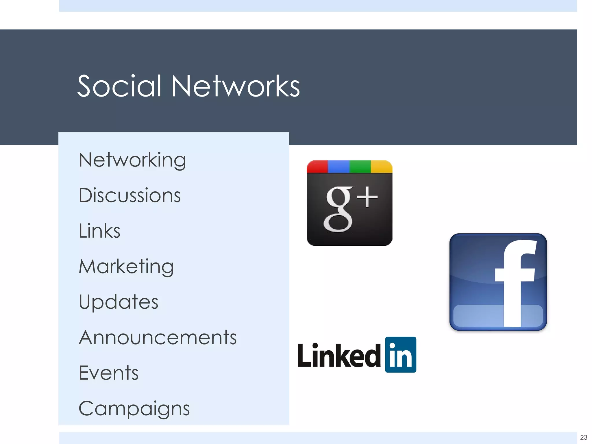 Social Networks Networking Discussions Links Marketing Updates Announcements Events Campaigns 