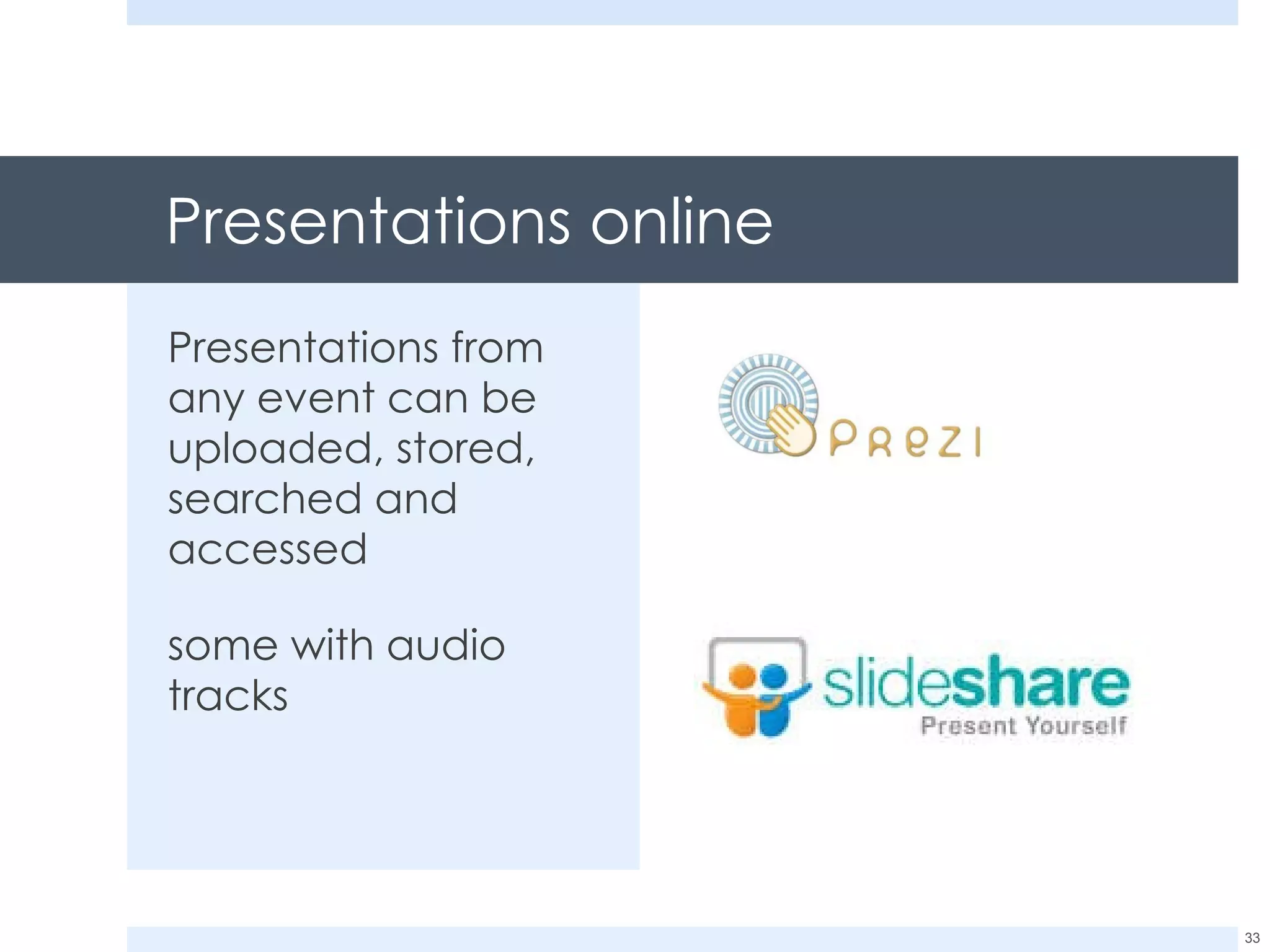 Presentations online Presentations from any event can be uploaded, stored, searched and  accessed some with audio tracks 