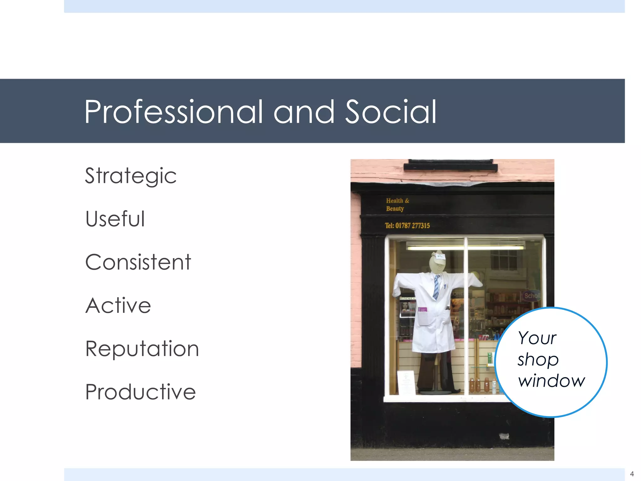 Professional and Social Strategic Useful Consistent Active Reputation Productive Your shop window 