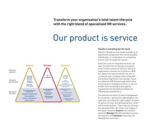 Transform your organisation’s total talent lifecycle
                                                         with the right blend of specialised HR services.



                                                         Our product is service
                                                                                         Flexible in everything but the result
                                                                                         Talent2’s flexible service model is made up of
                                                                                         specialised components that can be provided
                                                                                         individually, in combination or completely
                                                                                         end-to-end, for powerful results.
                                                                                         From this suite of integrated services, we
                   Acquire             Manage                   Optimise                 have the expertise to manage any aspect
                                                                                         of the human resources function that your
Business
segment                                                                                  organisation chooses not to perform. With
                                                                                         our experience and processes, we aim to
                                           HR                      Learning
                     Executive
                                        Consulting                Consulting             accelerate your company’s pace of growth
                     Search &
                     Selection
                                                                   & Audits
                                                                                         and achieve significant cost savings. These
People &                                                           Career
Recruitment
                     Board &
                    “C” Search
                                                                 Management              are delivered tHR Solutionsugh stand-alone
                     Executive
                                                                  Competency
                                                            Assessments & Leadership
                                                                                         consultancy or managed services, or we can
                    Contracting                                   Development            bundle them according to your specific
                                       Payroll Managed         Managed Learning          requirements for the optimum balance of
                Recruitment Process       Services                 Services
Managed             Outsourcing                                                          effectiveness and efficiency.
                                        HR Call Centre          Content Development
Services      Employee Communication      Services
                 Internal Mobility       HRIS Software
                                                                  Training & Vendor
                                                                    Management
                                                                                         The desired outcomes of talent management
              Contractor Management       & Services               Learning Technology   are universal – getting the right people in the
                  Special Projects                                     & Reporting
                                                                                         right jobs, providing the right support at work
                                                                                         for peace of mind, and developing their skills
                                                                                         and motivating them. That’s why our services
                                                                                         are grouped under the three core stages of
                                                                                         the talent lifecycle: Acquire (recruitment
                                                                                         services), Manage (HR administration services
                                                                                         like payroll) and Optimise (learning and
                                                                                         development services).
 