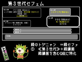 ブドウ球菌（MRSAは×）
レンサ球菌（A群β溶連菌、肺炎球菌（PRSPも○）
、緑連菌、GBS）
腸球菌
ナイセリア属（髄膜炎菌、淋菌）
モラクセラ
リステリアに効かない
G(+)桿G(+)球
嫌気性：上
P-E-K（ESBLは×）
Hi（BLNARも○）
S-P-C-E
G(-)桿
G(-)球
嫌気性：下
その他
緑のトゲニャン ＝緑セファ
① ≪第３世代≫＋緑膿菌
緑膿菌を含むGNRに特化
第３世代セフェム
 