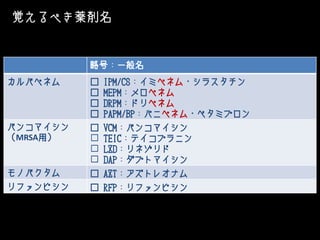 略号：一般名
カルバペネム □ IPM/CS：イミペネム・シラスタチン
□ MEPM：メロペネム
□ DRPM：ドリペネム
□ PAPM/BP：パニペネム・ベタミプロン
バンコマイシン
（MRSA用）
□ VCM：バンコマイシン
☐ TEIC：テイコプラニン
☐ LZD：リネゾリド
☐ DAP：ダプトマイシン
モノバクタム □ AZT：アズトレオナム
リファンピシン □ RFP：リファンピシン
覚えるべき薬剤名
 