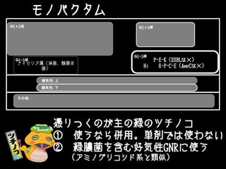 モノバクタム
ナイセリア属（淋菌、髄膜炎
菌）
G(+)桿G(+)球
嫌気性：上
P-E-K（ESBLは×）
Hi S-P-C-E（AmpCは×）
G(-)桿
G(-)球
嫌気性：下
その他
憑りつくのが主の緑のツチノコ
① 使うなら併用。単剤では使わない
② 緑膿菌を含む好気性GNRに使う
（アミノグリコシド系と類似）
 