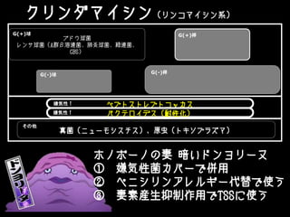 クリンダマイシン（リンコマイシン系）
ブドウ球菌
レンサ球菌（A群β溶連菌、肺炎球菌、緑連菌、
GBS）
ペプトストレプトコッカス
バクテロイデス（耐性化）
真菌（ニューモシスチス）、原虫（トキソプラズマ）
G(+)桿G(+)球
嫌気性↑
G(-)桿G(-)球
嫌気性↑
その他
ホノボーノの妻 暗いドンヨリーヌ
① 嫌気性菌カバーで併用
② ペニシリンアレルギー代替で使う
③ 妻素産生抑制作用でTSSに使う
 