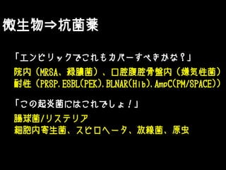 微生物⇒抗菌薬
「エンピリックでこれもカバーすべきかな？」
「この起炎菌にはこれでしょ！」
院内（MRSA、緑膿菌）、口腔腹腔骨盤内（嫌気性菌）
耐性（PRSP,ESBL(PEK),BLNAR(Hib),AmpC(PM/SPACE)）
腸球菌/リステリア
細胞内寄生菌、スピロヘータ、放線菌、原虫
 