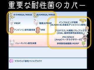 重要な耐性菌のカバー
ニューキノロン耐性淋菌
マクロライド耐性マイコプラズマ
PRSP
市中MRSA/MRSE
アンピシリン耐性腸球菌
院内MRSA/MRSE
髄膜炎PRSP
VRE プロテウス/大腸菌/クレブシエラ
(ESBL:基質特異性拡張型BL)
PM/SPACE
(AmpCベータラクタマーゼ)
多剤耐性緑膿菌:MDRP
インフルエンザ桿菌
(BLNAR:BL非産生アンピシリン耐性)
 