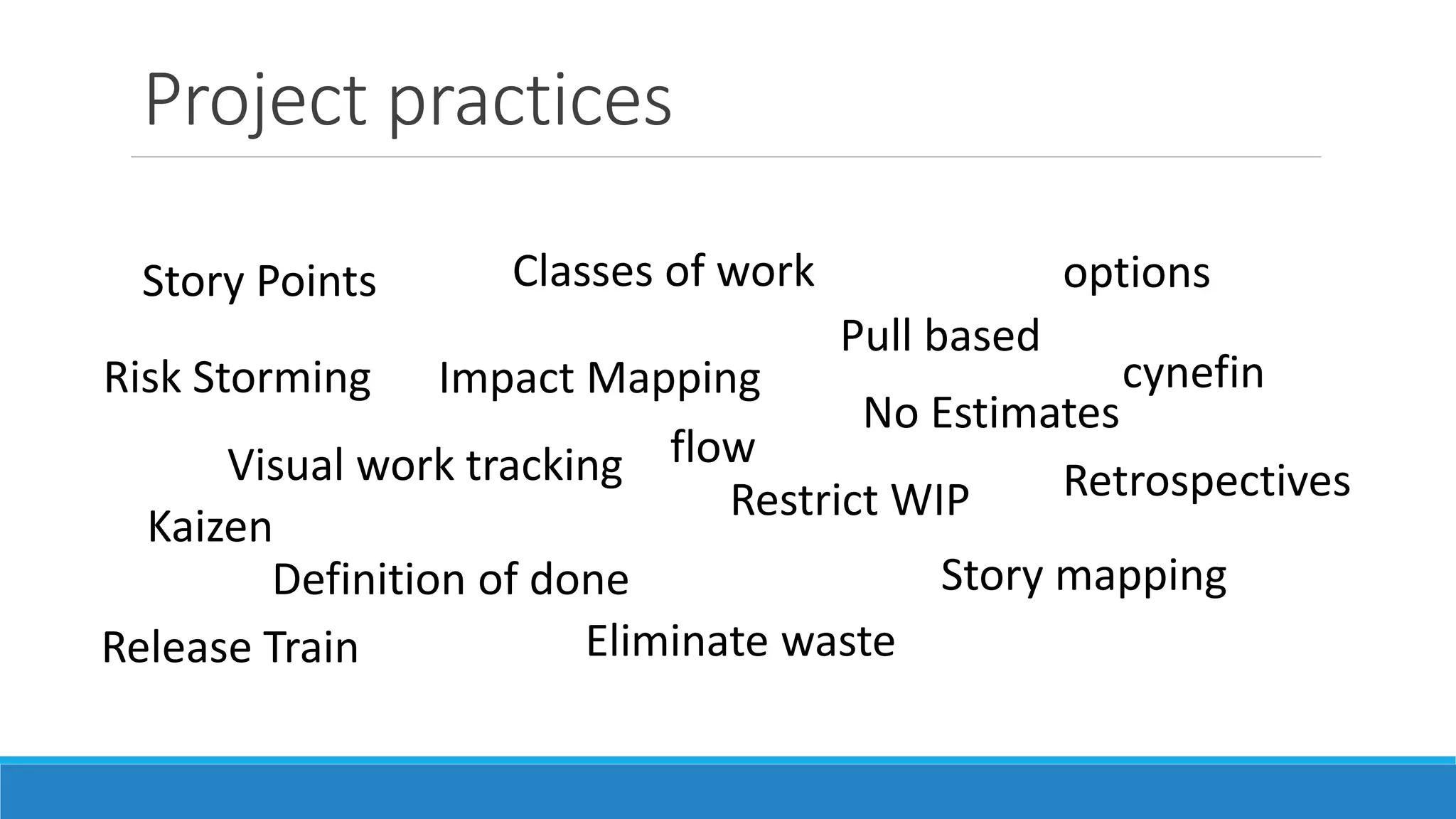 The difference
Working software is the priority
Focused on goals for the project/product
Looking to add value
Everyone involved collaborates around the work
 