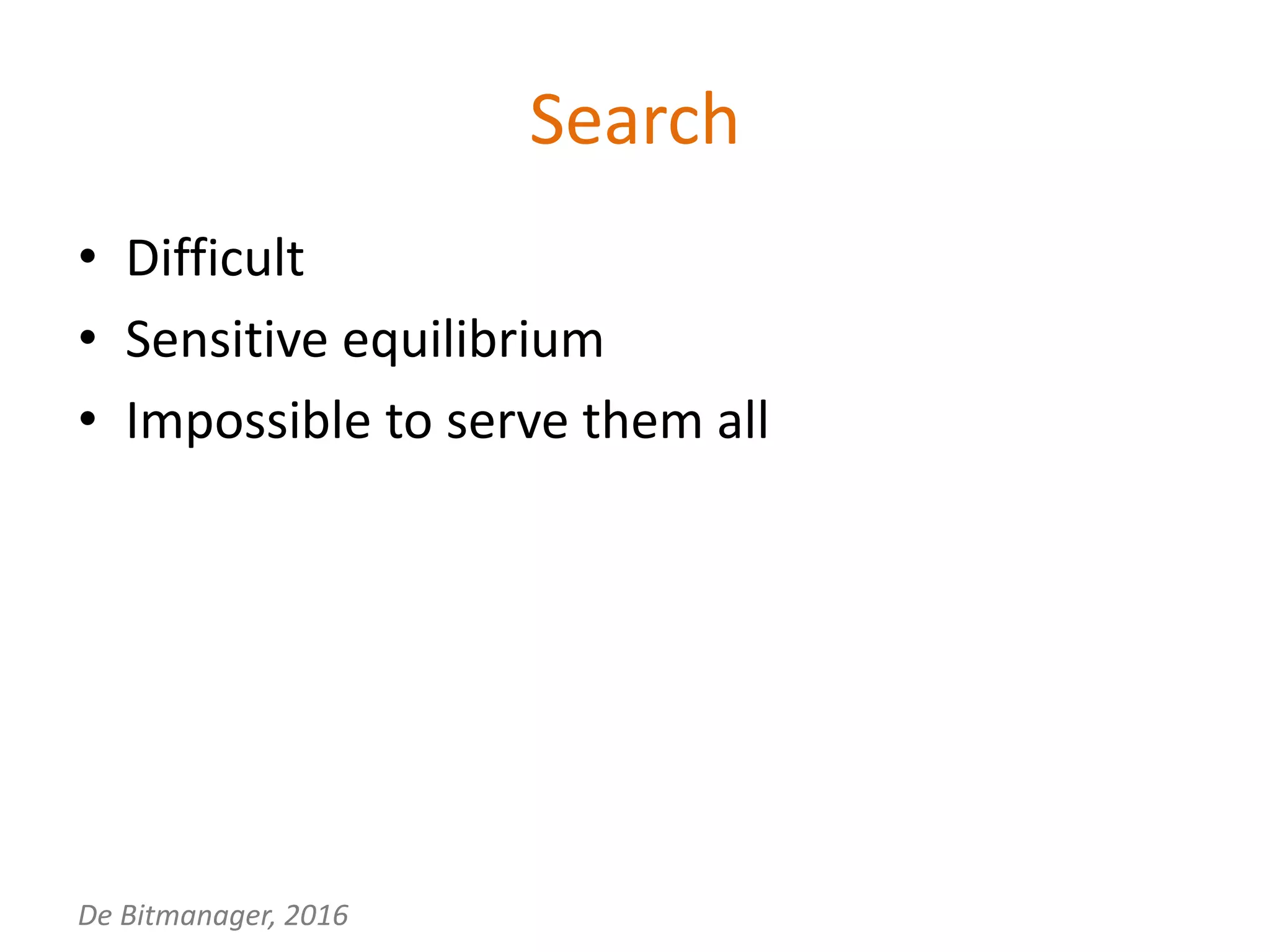 De Bitmanager, 2016
Search
• Difficult
• Sensitive equilibrium
• Impossible to serve them all
 