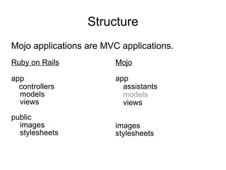 Structure Ruby on Rails app controllers     models      views public      images      stylesheets  Mojo app assistants models views images stylesheets Mojo applications are MVC applications. 