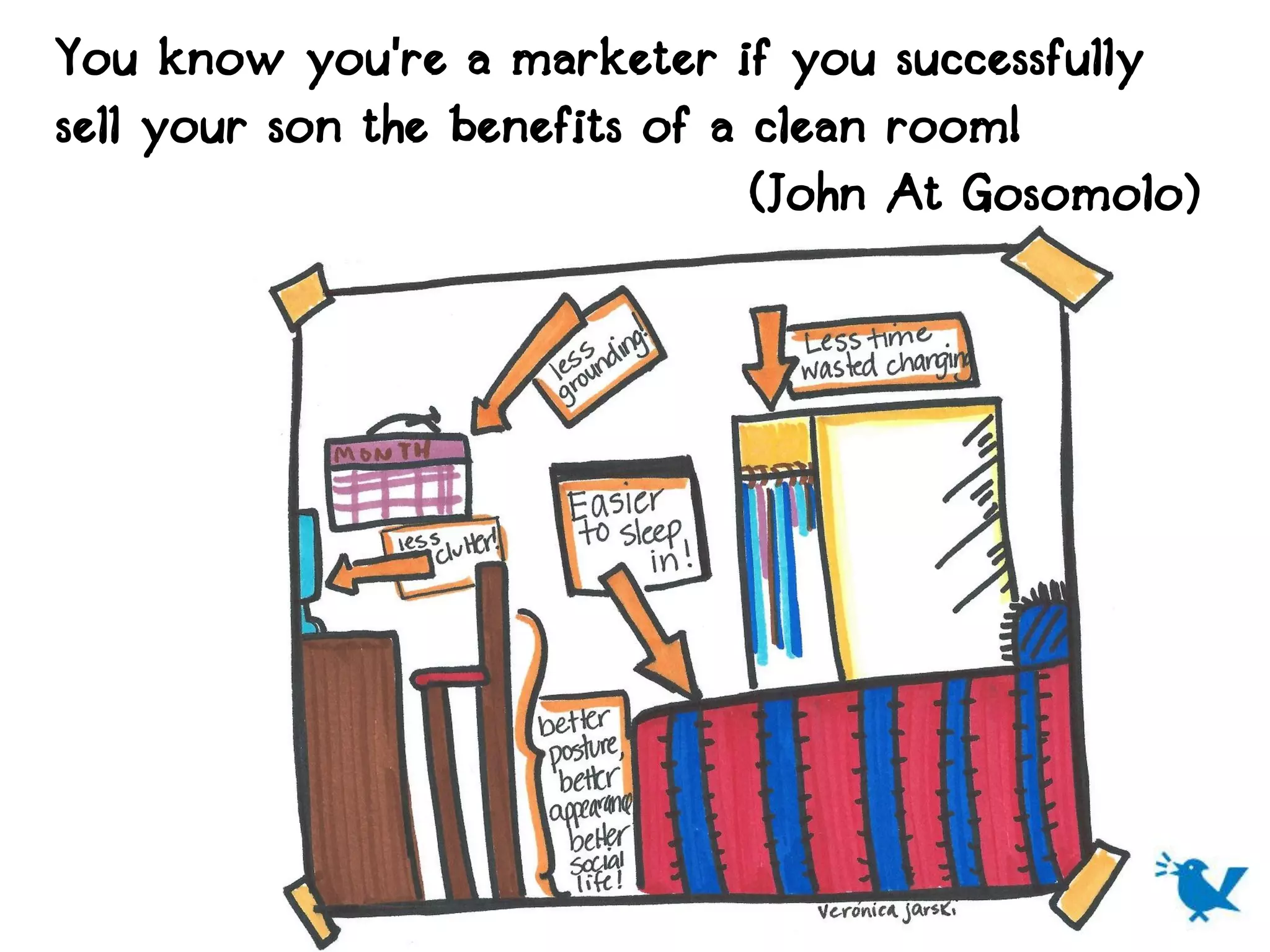 You know you're a marketer if you successfully
sell your son the benefits of a clean room!
                                (John At Gosomolo)
 