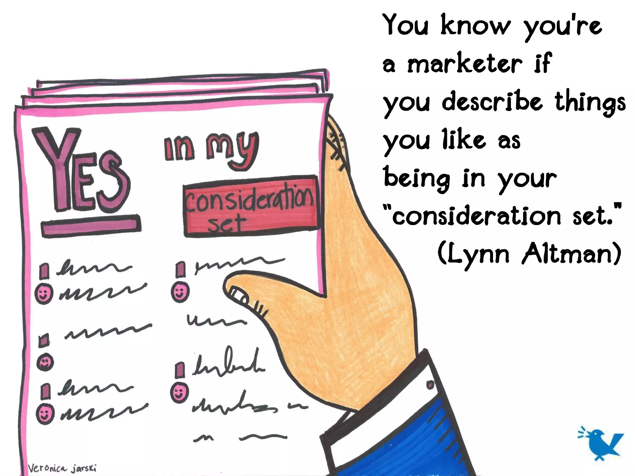 You know you're
a marketer if
you describe things
you like as
being in your
“consideration set."
    (Lynn Altman)
 