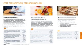 І знову затягнули пояси
Для частини українців їх фінансова поведінка не
змінилася. Інша частина переходить на економію
грошей, витрачають лише на необхідні речі і
відкладають крупні покупки на потім. Частина
почала витрачати гроші на забезпечення родичів,
що залишились без роботи. Загалом українці
відчувають тривогу через фінансово-невизначене
майбутнє
Більше вітамінів, більше
«домашнього», більше їжі
Українці стали більше харчуватися вдома, рідше
замовляти їжу «на винос» та купувати готову їжу в
супермаркетах. Намагаються урізноманітнити свій
раціон продуктами, які вважають корисними для
імунної системи. Деякі українці не відчули жодних
змін, а дехто почав просто більше їсти
Плануємо-купуємо-запасаємось
Можна виділити декілька патернів зміни
купівельної поведінки українців:
▪ Обмеження споживчого кошика до
необхідних продуктів
▪ Формування запасів на довгий час для
рідших походів в магазин
▪ Користування доставкою
Стараємось менше витрачати гроші, бо не
знаємо, як буде далі із заробітною платою
Коростень
Откладываю крупные покупки «на потом»,
в остальном всё так же. Пришлось взять на
обеспечение семью дочери, так как они
с мужем остались без работы
Київ
Моє відношення до фінансів не змінилося,
я й так відношусь з економією до фінансів
Полтава
Нічого не змінилось.
Як готували самі, так і готуємо
Київ
Більше готую вдома, але хочеться вже відвідати
якийсь заклад. Через те, що сидимо вдома,
постійно щось їмо і це не найкраще
відображається на фігурах
Коростень
Всё домашнее и только! Пёс его знает, кто там
и как готовит на вынос к дому!
Одеса
Раніше купляла продукти на день-два,
зараз рідше ходжу до магазину і
стараюсь, щоб вистачило на 5-6 днів
Маріуполь
Все в обычном режиме, все как всегда
Краматорськ
СВІТ ЗМІНЮЄТЬСЯ, ЗМІНЮЄМОСЬ МИ
Як змінилось Ваше життя під час карантину?
 