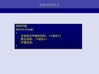 架构师的职责




初始环境
while(true)
{
   寻找适应环境的结构; /*进化*/
   简化结构; /*退化*/
   环境改变;
}
 