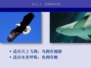 Part I   架构和环境




 适应天上飞翔：鸟拥有翅膀
 适应水里呼吸：鱼拥有鳃
 