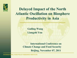 IFPRI
                 Delayed Impact of the North
               Atlantic Oscillation on Biosphere
                     Productivity in Asia

                               Guiling Wang
                               Liangzhi You



                               International Conference on
                         Climate Change and Food Security
                               Beijing, November 07, 2011
INTERNATIONAL FOOD POLICY RESEARCH INSTITUTE
 