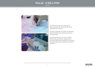 10
PHASE D'IDEATION
La dernière journée est consacrée au
bilan de la semaine afin de structurer les
enseignements retenus.
Il s’agira d’identifier des pistes de réflexions
clés et identifier des nouveaux territoires
d’opportunités.
Les participants pourront aussi mettre à
profit cette journée pour esquisser des
premières ébauches de solutions innovantes
et de prototypes afin d’adresser les besoins
identifiés.
 
