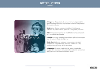 14
NOTRE VISION
Anticiper les changements de son environnement pour définir
des domaines d’innovation prioritaires et construire une stratégie
d’innovation robuste.
Générer des idées en rupture en mobilisant l’intelligence
collective des collaborateurs, clients et autres parties prenantes.
Aider les équipes à repenser les modèles économiques existants
ou à en inventer de nouveaux.
Favoriser l’échange entre les collaborateurs et leurs homologues
issus de secteurs d’activité différents.
Généraliser les bonnes pratiques innovantes en interne en
identifiant les comportements «déviants» conduisant à des
meilleurs résultats en vue de les généraliser.
Développer une agilité d’exécution en faisant travailler les
équipes dans une culture startup avec des méthodes reposant sur
des cycles courts et un fonctionnement itératif.
CONSTRUIRE SA
VISION DU FUTUR
 