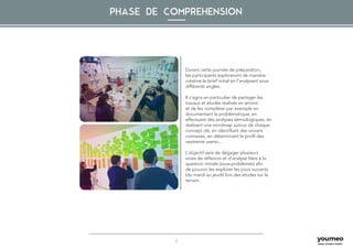 8
PHASE DE COMPREHENSION
Durant cette journée de préparation,
les participants exploreront de manière
créative le brief initial en l’analysant sous
différents angles.
Il s’agira en particulier de partager les
travaux et études réalisés en amont
et de les compléter par exemple en
documentant la problématique, en
effectuant des analyses sémiologiques, en
réalisant une mindmap autour de chaque
concept clé, en identifiant des univers
connexes, en déterminant le profil des
«extreme users»...
L’objectif sera de dégager plusieurs
voies de réflexion et d’analyse liées à la
question initiale (sous-problèmes) afin
de pouvoir les explorer les jours suivants
(du mardi au jeudi) lors des études sur le
terrain.
 
