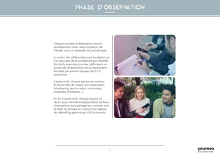 9
PHASE D'OBSERVATION
Chaque journée d’observation pourra
sensiblement varier selon le besoin de
l’étude, voici un exemple de journée type.
Le matin, les collaborateurs se focalisent sur
l’un des axes de la problématique identifié
lors de la première journée, définissent un
protocole d’observation et se répartissent
les rôles par petites équipes de 2 à 3
personnes.
L’après-midi, chaque équipe se rend sur
le terrain afin de mener son observation
(shadowing, service safari, rencontres,
enquêtes, entretiens...).
En fin d’après-midi, chaque équipe se
réunit pour tirer les enseignements de leurs
observations puis partage ses constats avec
le reste du groupe au cours d’une séance
de débriefing général qui clôt la journée.
 
