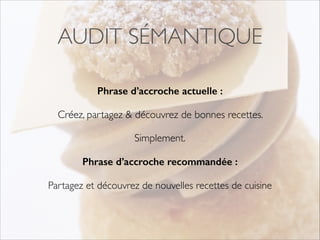 AUDIT SÉMANTIQUE 
Phrase d’accroche actuelle : 
Créez, partagez & découvrez de bonnes recettes. 
Simplement. 
Phrase d’accroche recommandée : 
Partagez et découvrez de nouvelles recettes de cuisine 
! 
 