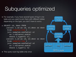 Subqueries optimized
For example, if you have several types of log in one
table and you want to join them with different tables
depending on the type, you don’t have to worry
SELECT id, desc FROM  
(select l.id as id, s1.desc as desc 
from samples.log l  
join samples.subTable1 s1  
on l.value=s1.subid  
where l.type=0) t1, 
(select l.id as id, s2.desc as desc  
from samples.log l  
join samples.subTable2 s2  
on l.value=s2.subid  
where l.type=1) t2
This query scan log table only once
DFS Layer
compute
node
compute
node
compute
node
subTalbe1 Log subTable2
compute
node
 